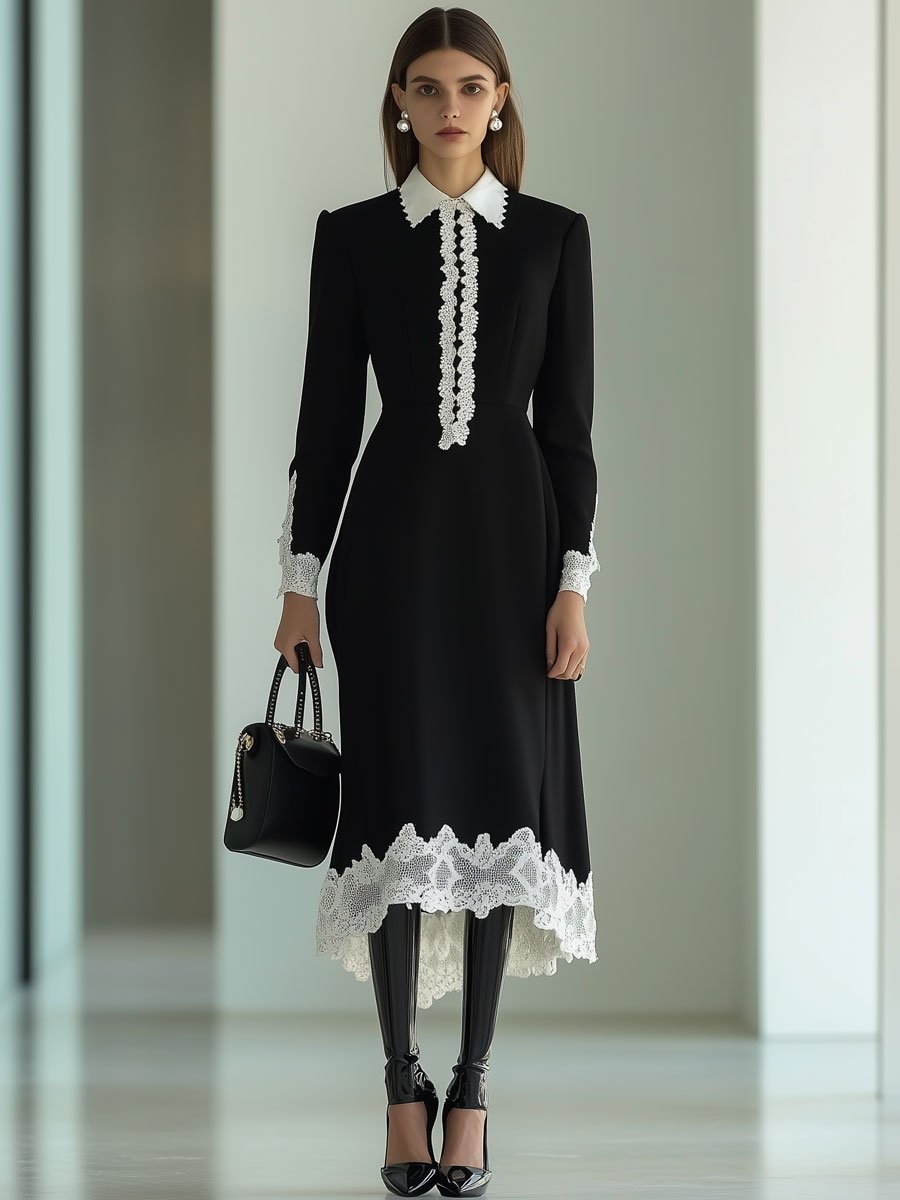 Retro Party White Lace Trim Black Long Sleeve Midi Dress