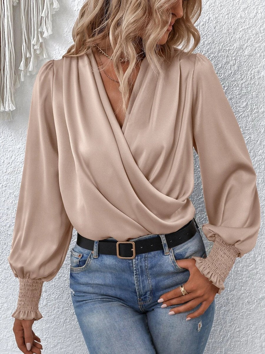 High Quality Elegant V-neck Lantern Sleeves Temperament Shirt