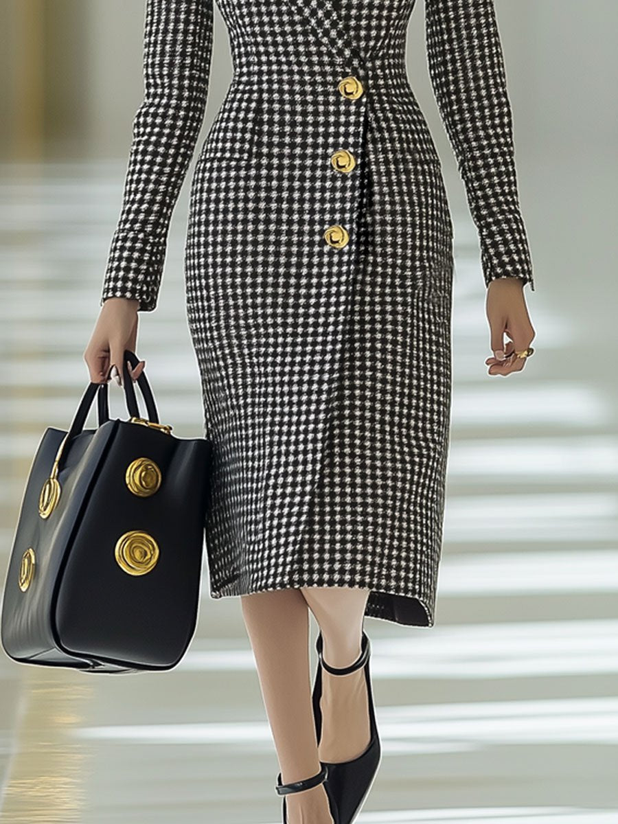 Casual Retro Houndstooth Wool Lapel Long Sleeve Midi Dress