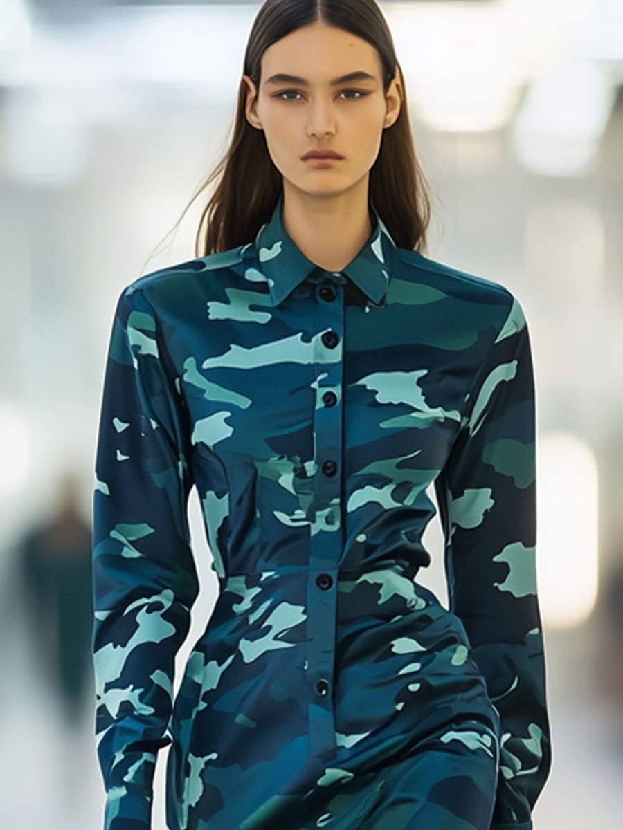 Casual Fashion Blue Camouflage Shirt Long Sleeve Mini Dress