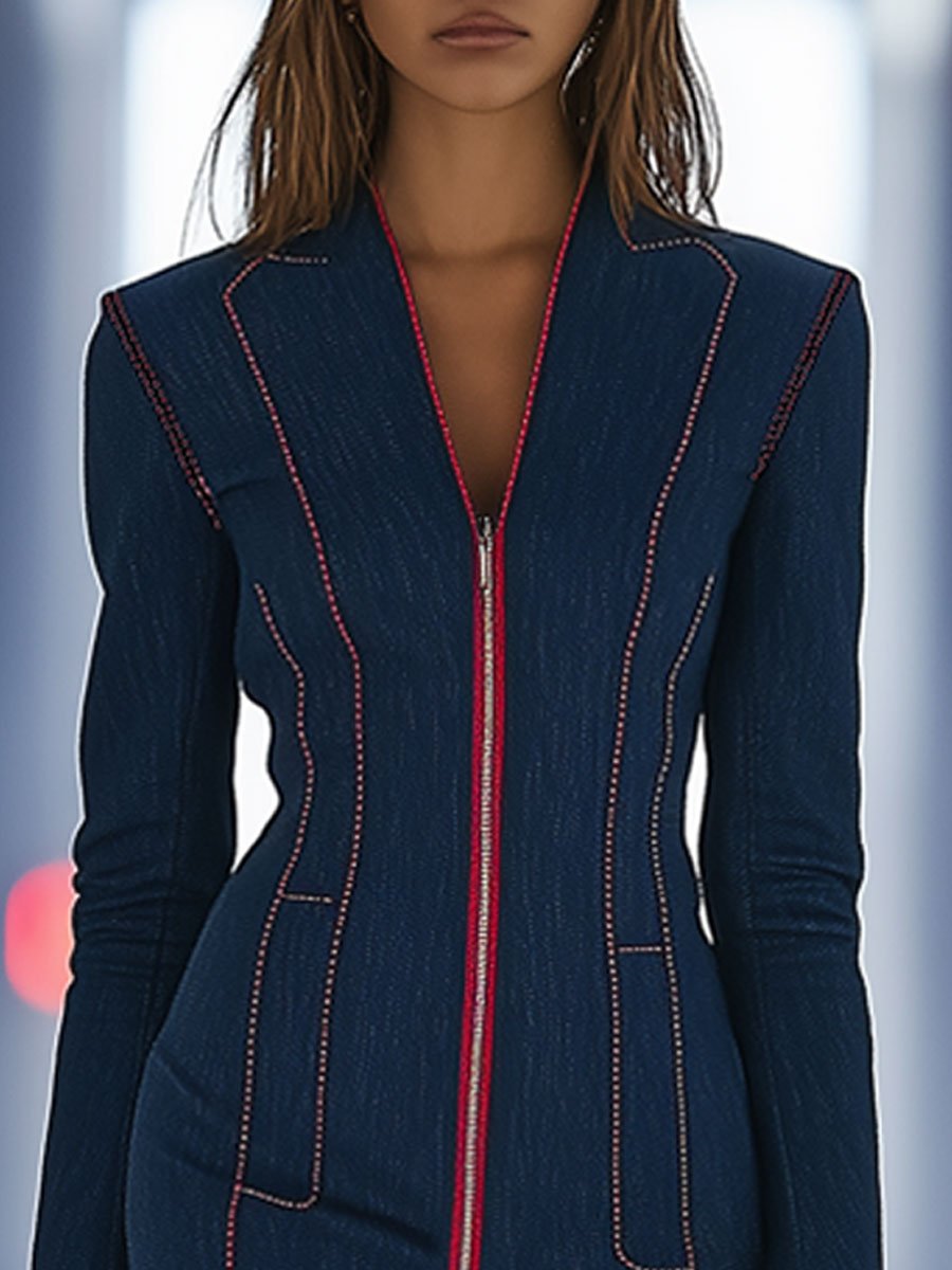 Fashion Retro Red Zipper Stand Collar Long Sleeve Denim Mini Dress