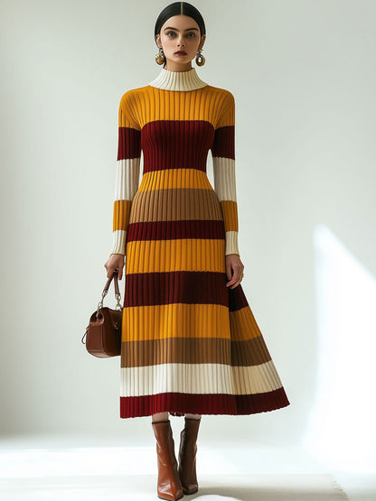 Fashion Loose Retro Color Striped Knitted Turtleneck Midi Dress