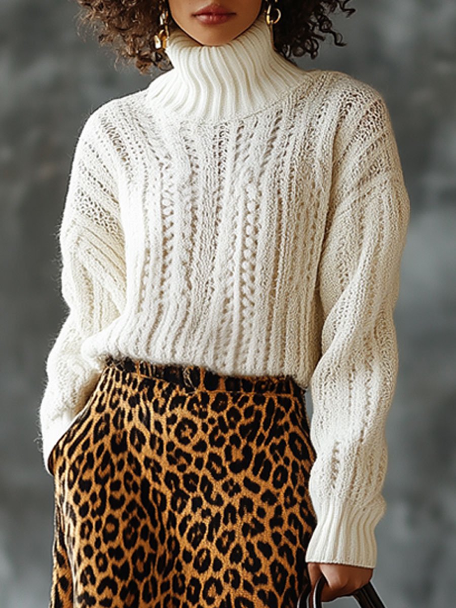 Casual Loose Solid Color Crochet High Collar Pullover Sweater