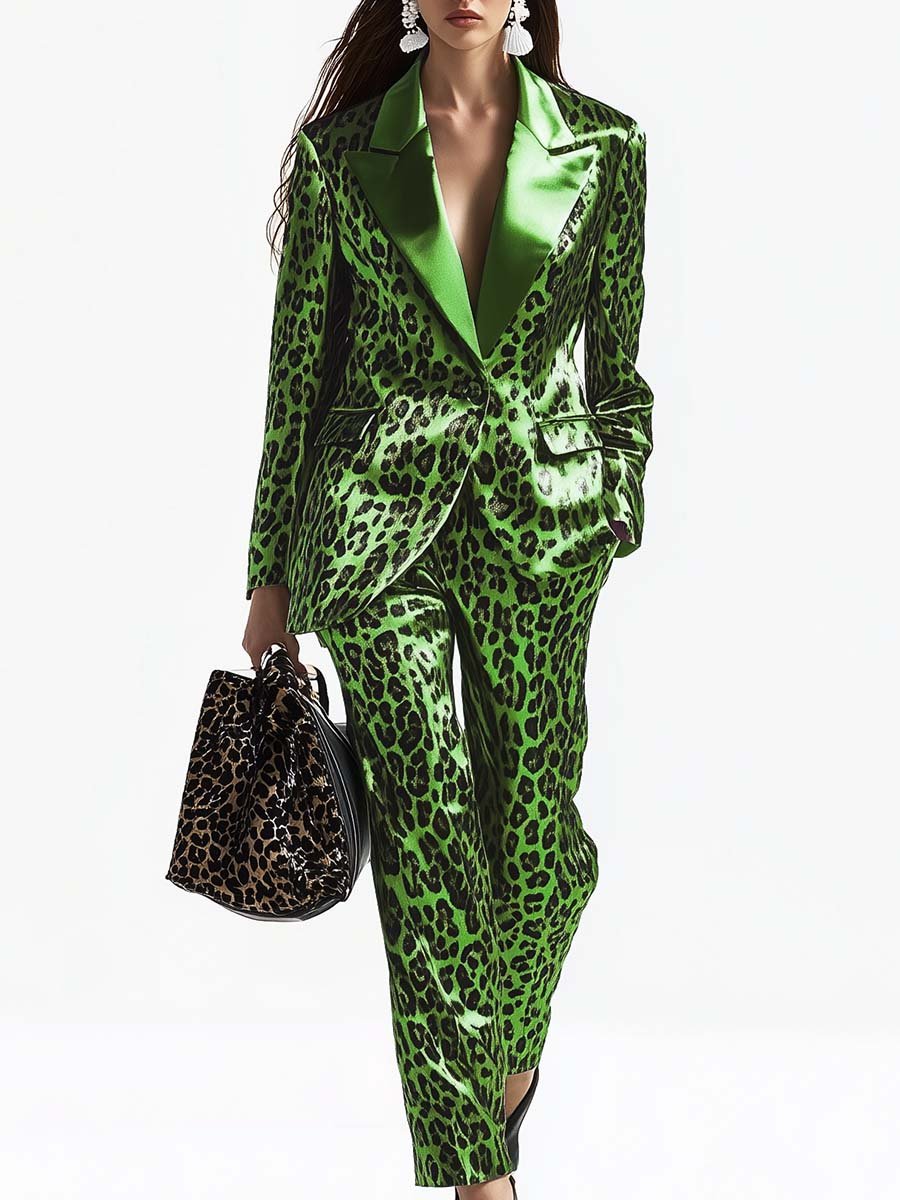 Cool and Fashionable Leopard Print Green Satin Suit