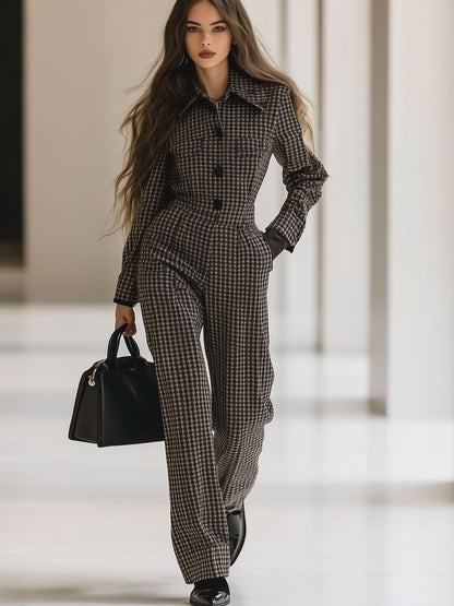 Casual Loose Retro Wool Houndstooth Long Sleeve Jumpsuit