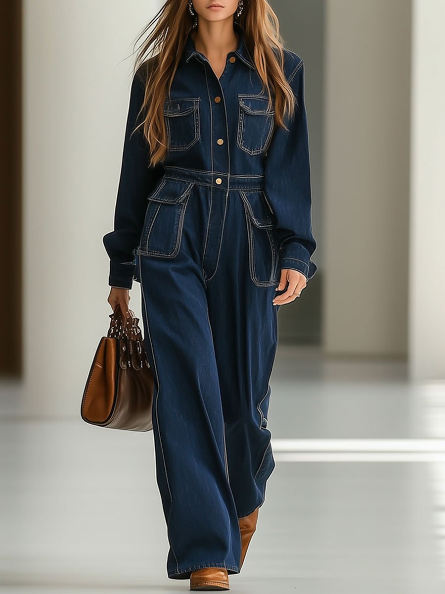 Casual Loose Retro Navy Blue Denim Multi-Pocket Long-Sleeved Jumpsuit