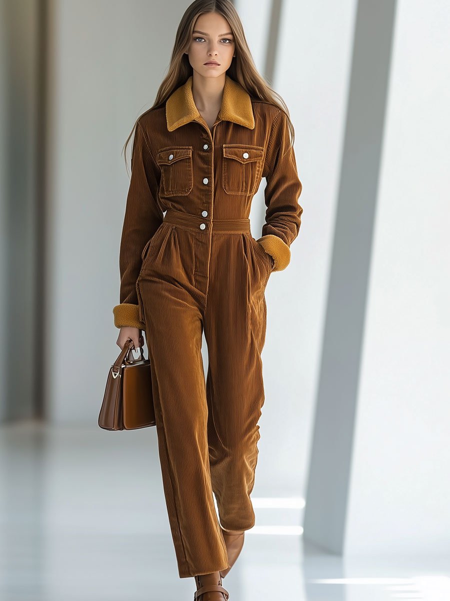 Casual Loose Retro Corduroy Lambskin Stitching Long-Sleeved Jumpsuit