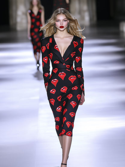 Premium Sexy Fashionable Red Lips Printed V-Neck Wrap Midi Dress