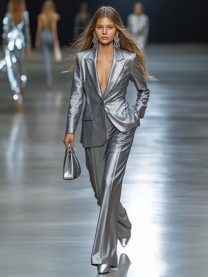 Fashionable and Capable Silver Shiny Texture Suit