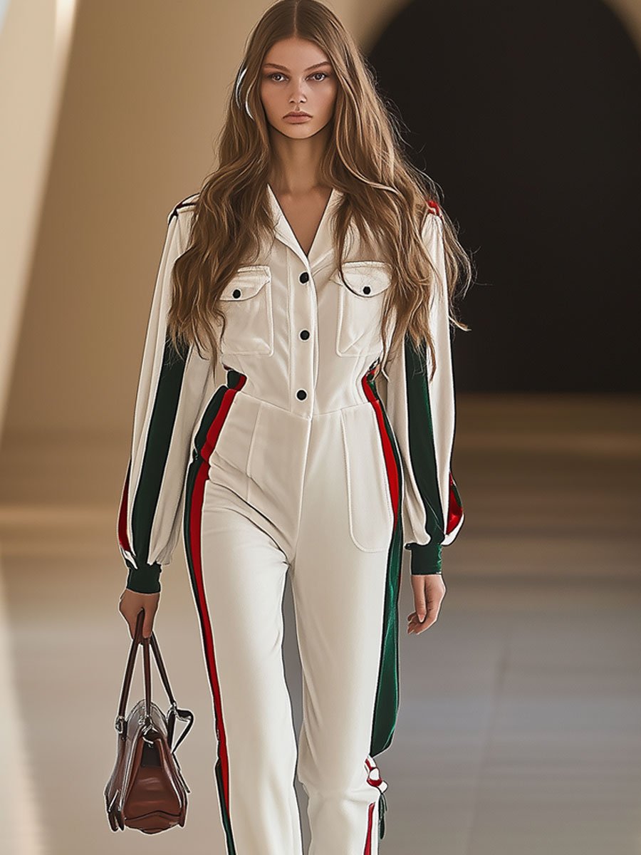 Casual Loose Retro Velvet Red And Green Striped Multi-Pocket Long-Sleeved Jumpsuit