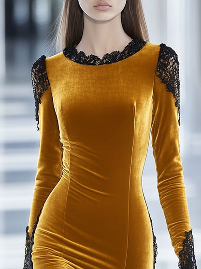 Fashion Retro Golden Velvet Lace Long Sleeve Round Neck Mini Dress