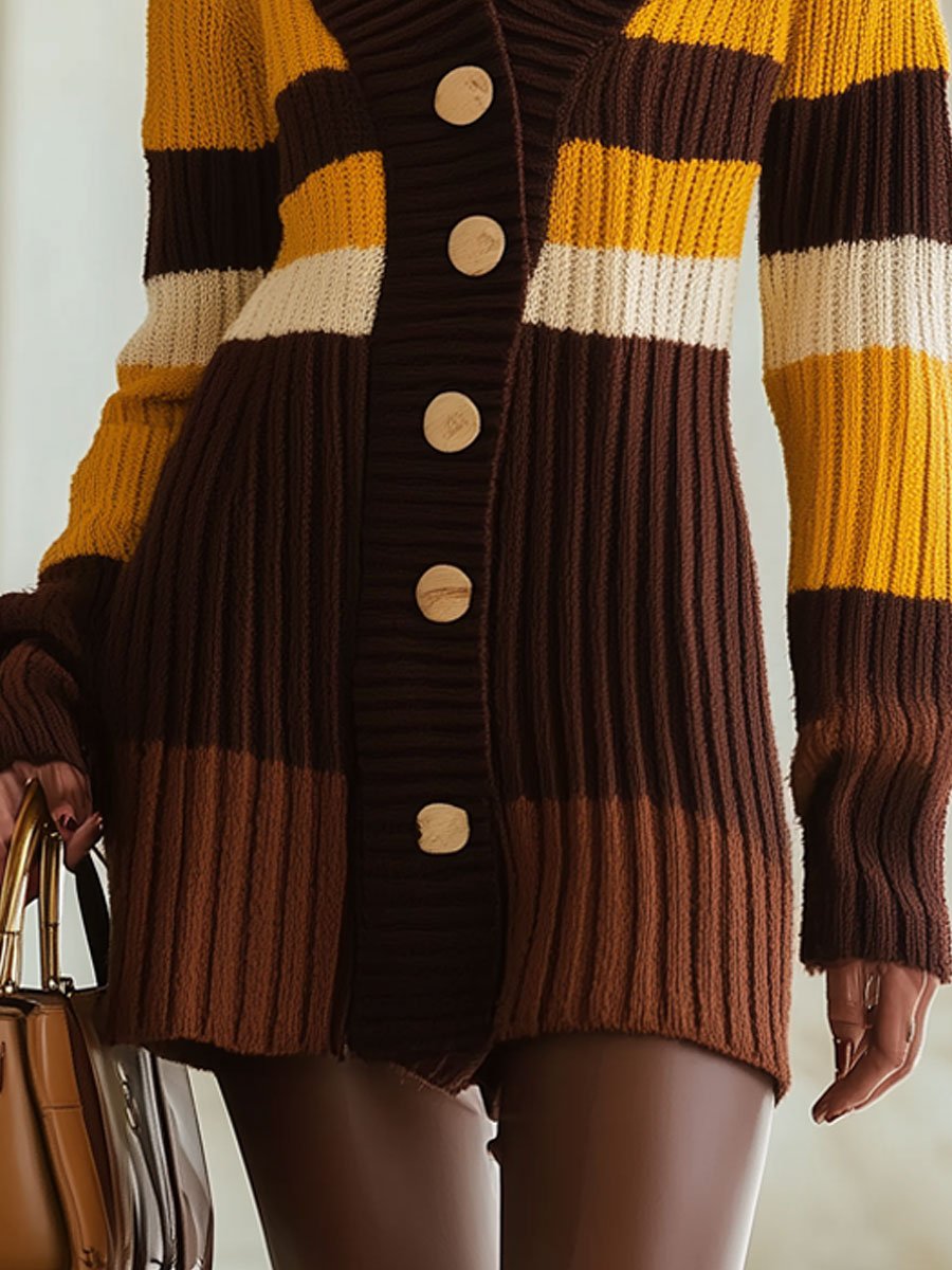 Casual Loose Retro Color Striped Knitted Dress Cardigan