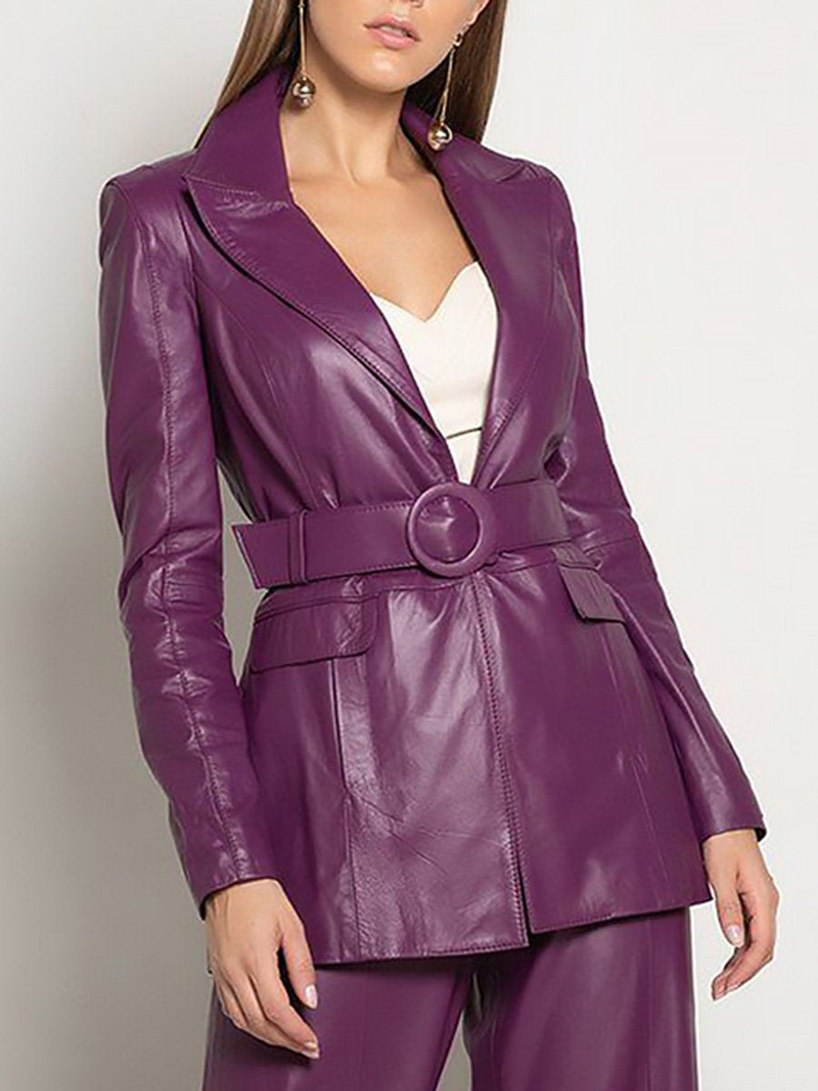 Casual Loose Fashion Purple Belt Leather Suit