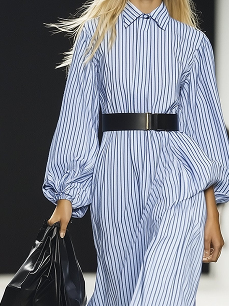 Classic Cotton Blue And White Striped Long Sleeve Maxi Dress