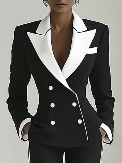 Casual Retro Black and White Double Breasted Suit Jacket Pants Set