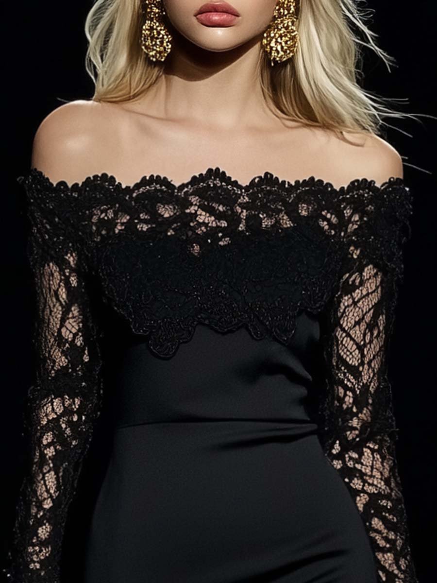 Fashion Off-the-shoulder Lace Stitching Black Satin Mini Dress