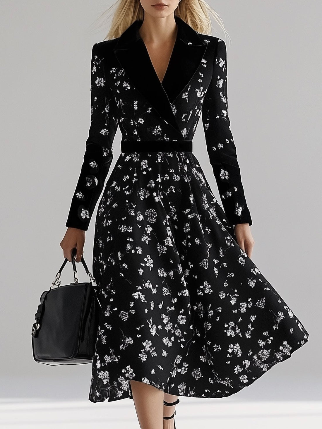 Elegant Lapel Floral Black Long Sleeve Maxi Dress