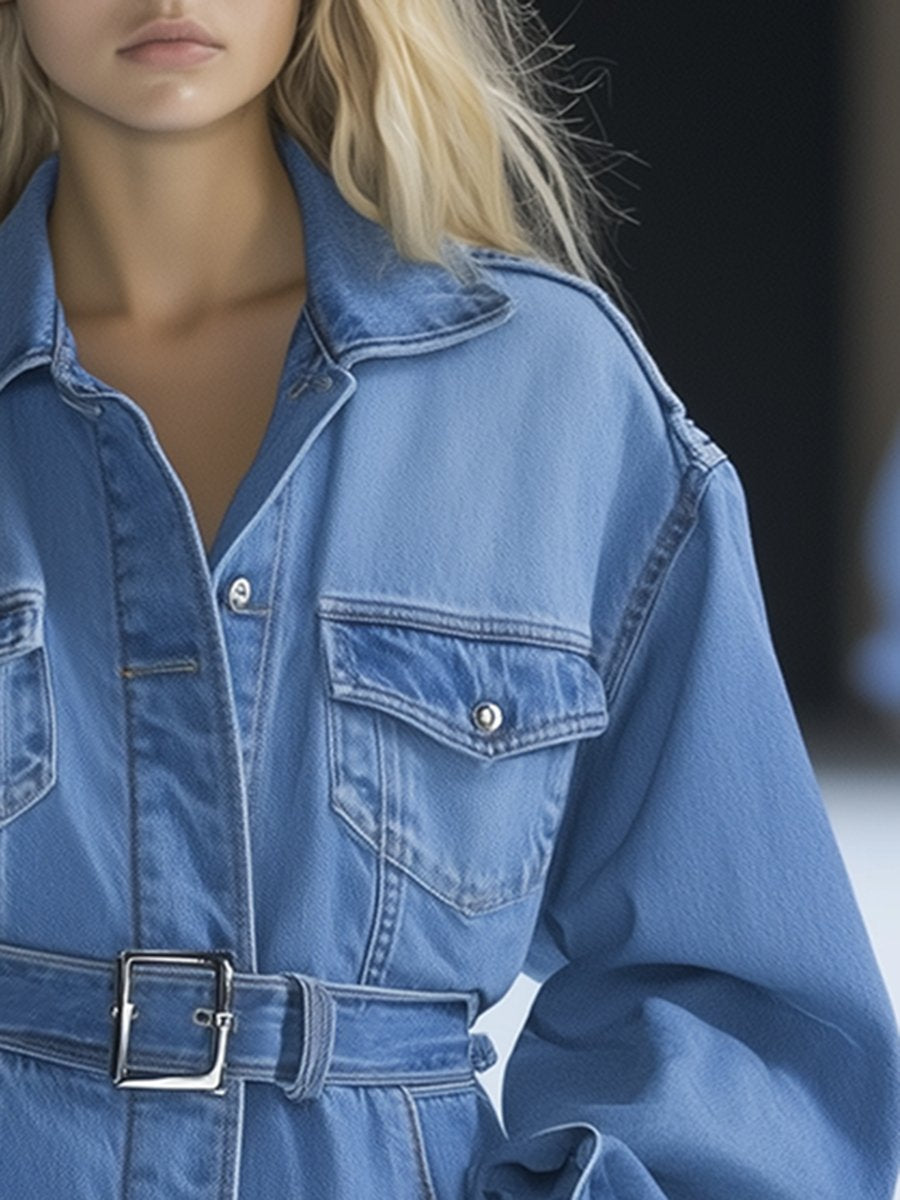 Casual Fashionable Silhouette Belted Light Denim Jacket