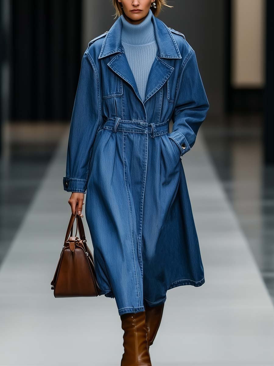 Retro Fashion Loose Fit Multi-pocket Belted Denim Trench Coat