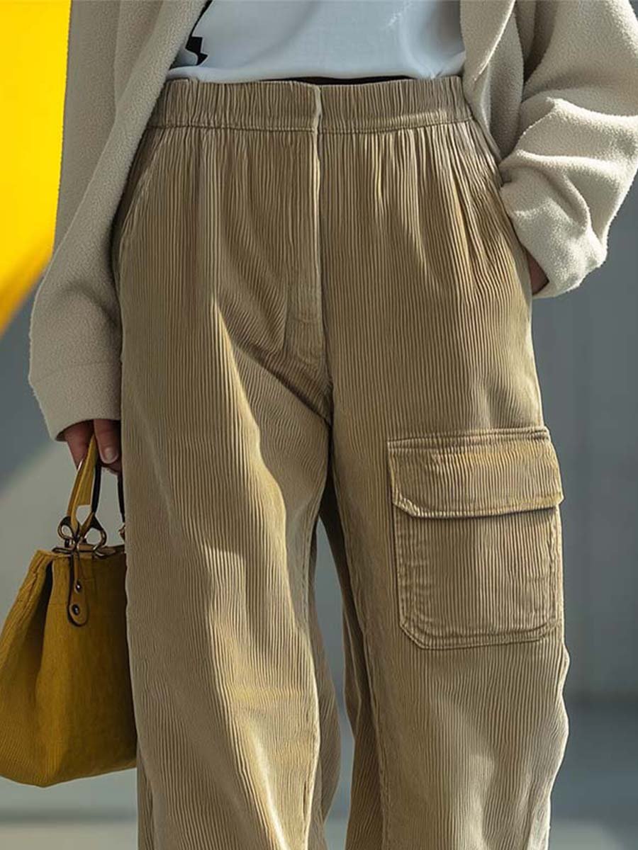 Fashion Retro Pocket Corduroy Straight Pants