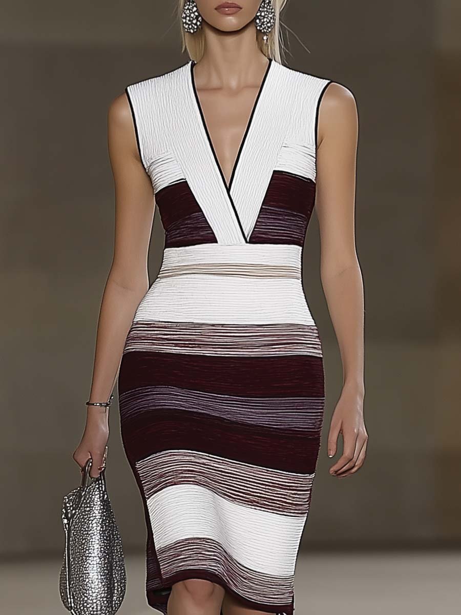 Fashion V-neck Sleeveless Burgundy Stripes Contrast White Knitted Midi Dress