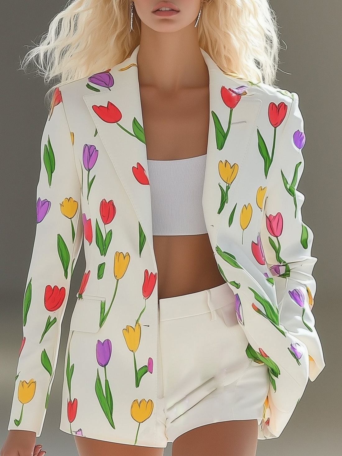 Colorful Tulip Flower Print White Lapel Blazer