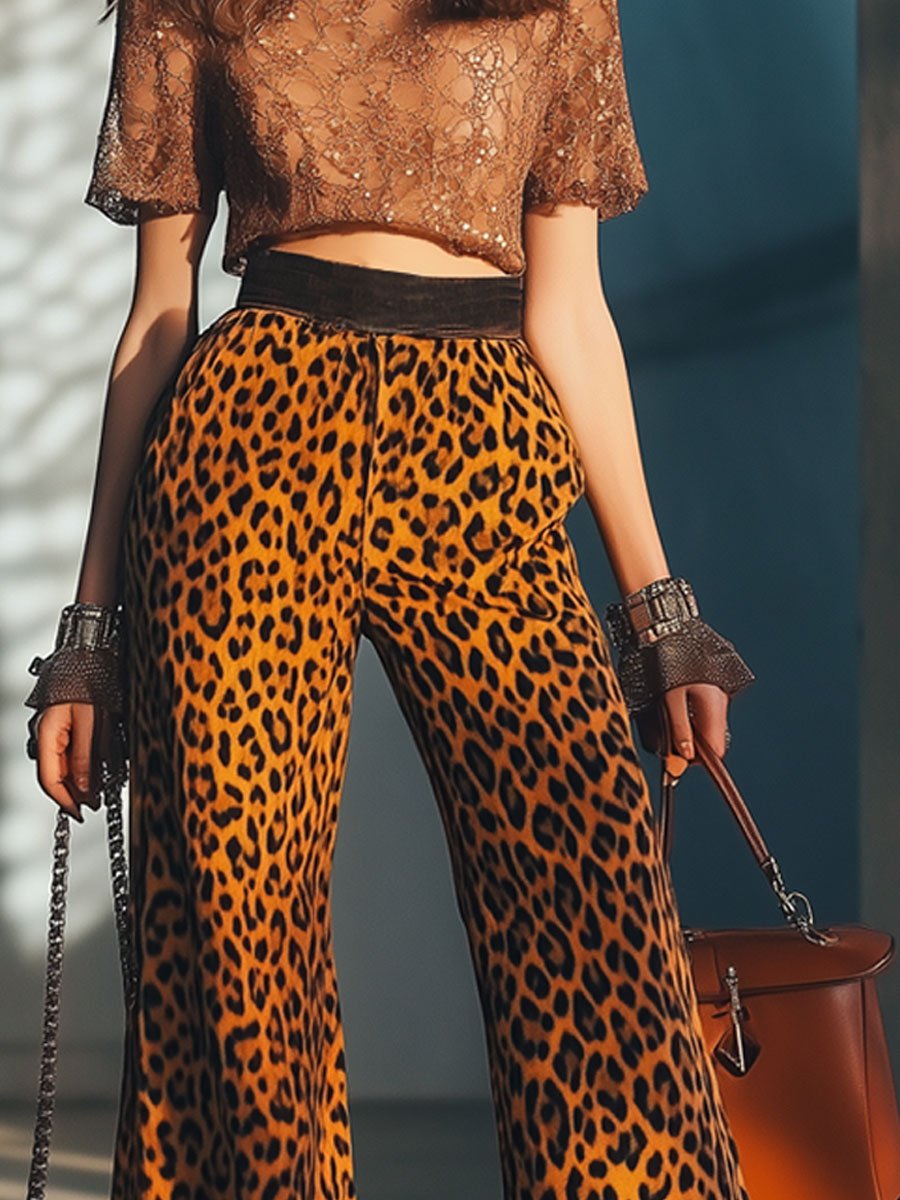 Casual Loose Vintage Velvet Leopard Print Elastic Waist Pants