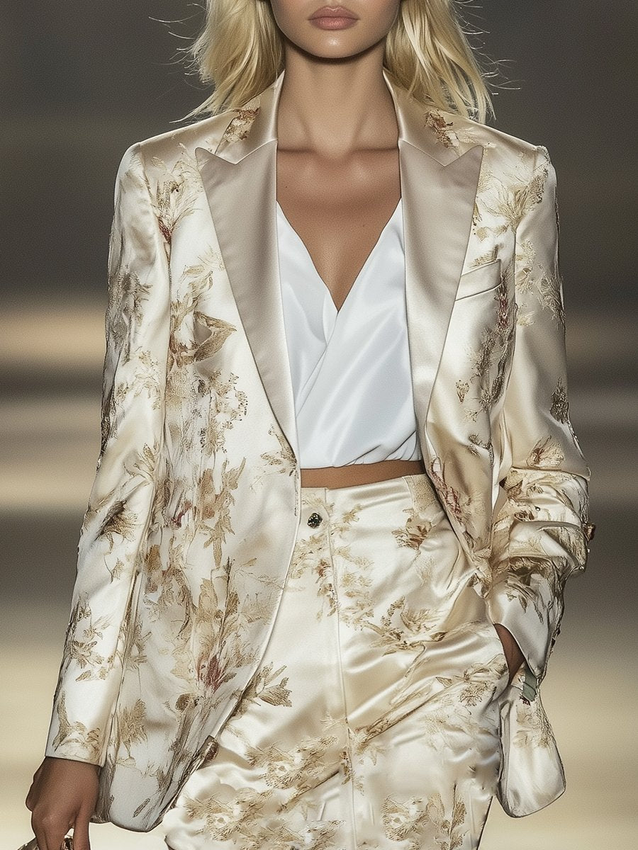 High-End Elegant Champagne Lapel Printed Satin Blazer