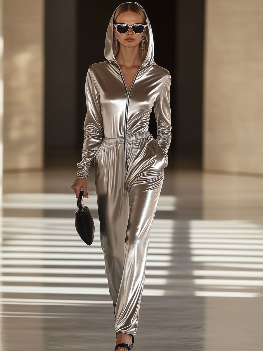 Casual Loose Retro Silver Satin Long Sleeve Hooded Zipper Jumpsuit