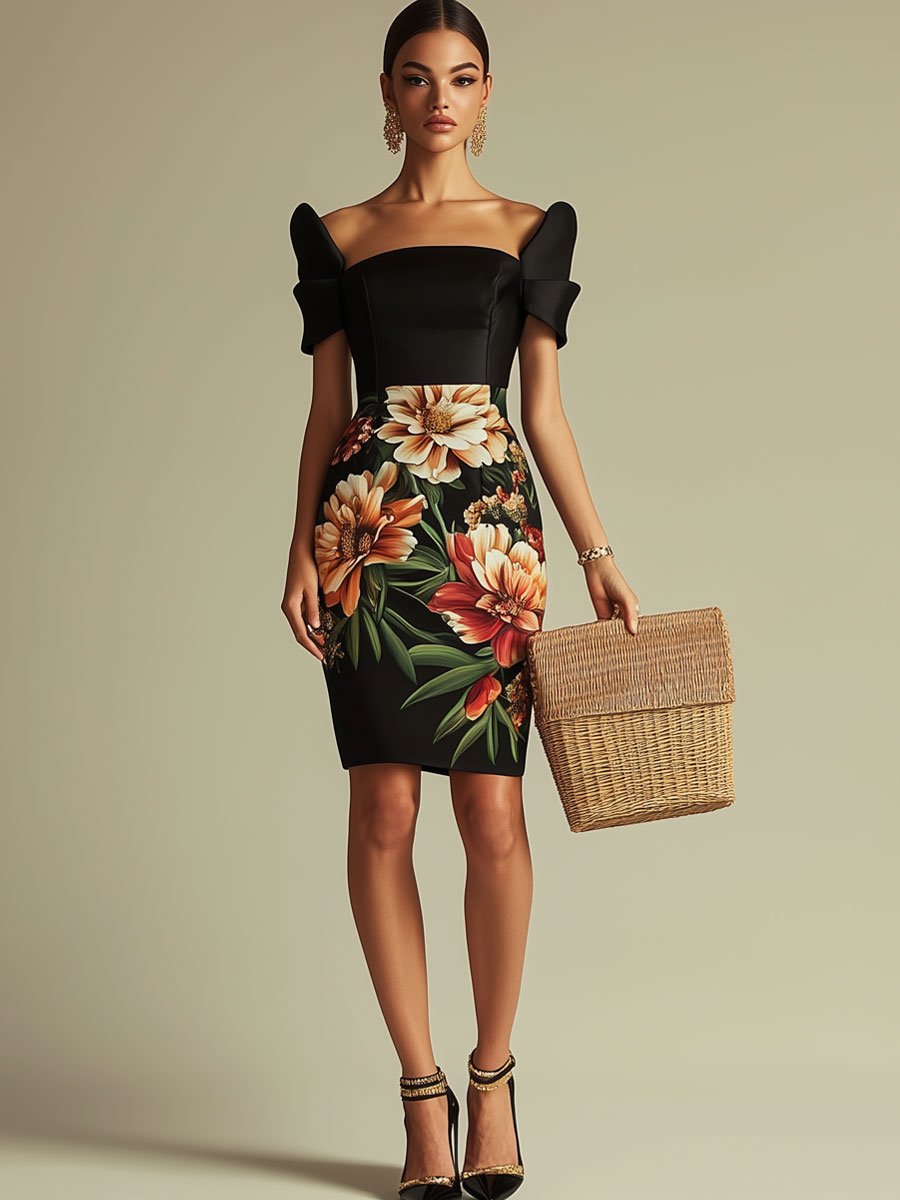 Fashion Floral Print Square Neck Short Sleeve Fitted Mini Dress