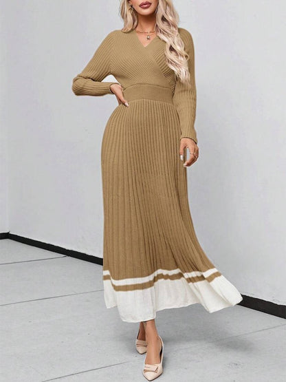 Retro And Fashionable Loose V-Neck Color Matching Khaki Knitted Maxi Dress