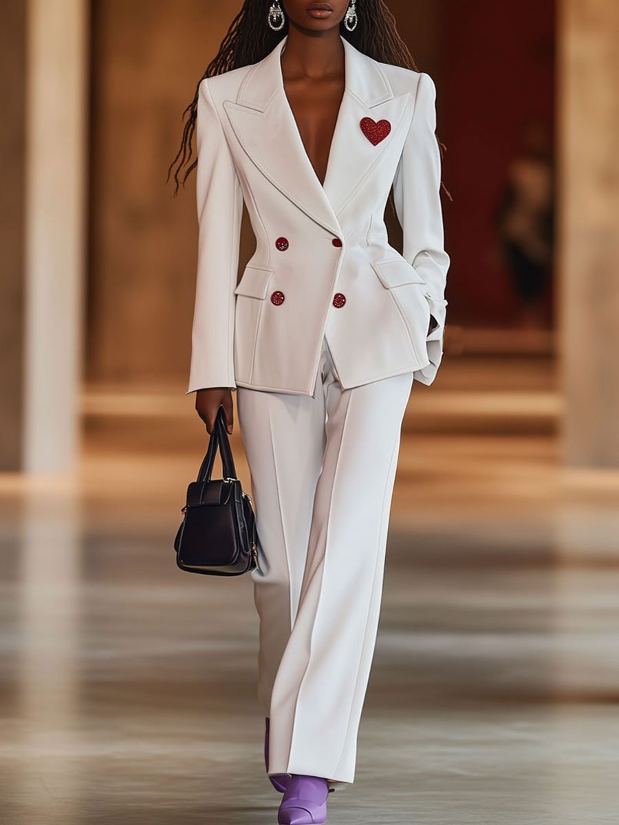 Casual Loose Heart Label White Suit Jacket Straight Pants Set