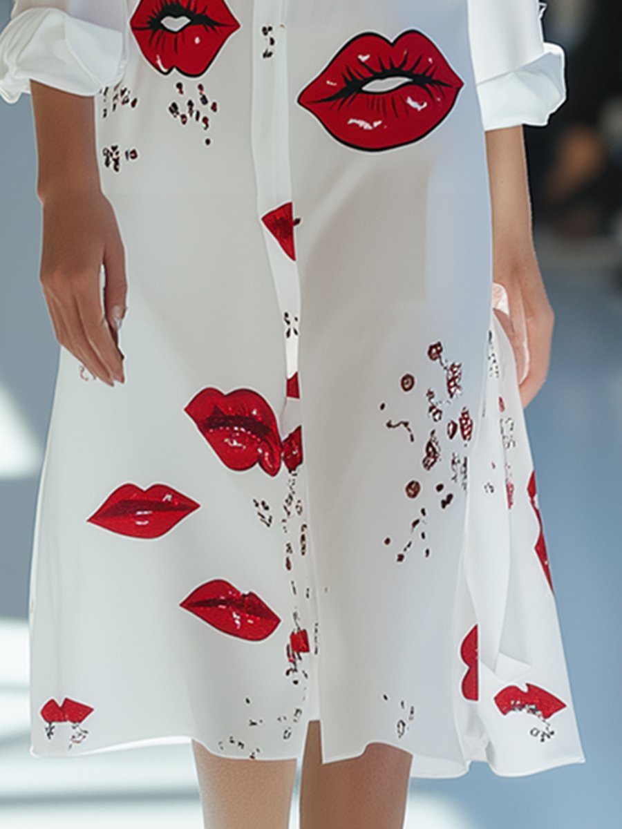 Casual And Fashionable Red Lip Print Shirt Dress