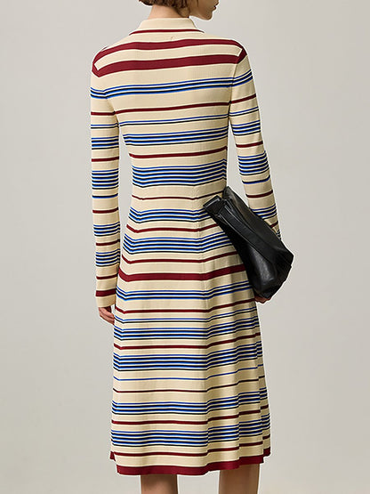 Casual Loose Retro Striped Mid-Length Polo Dress