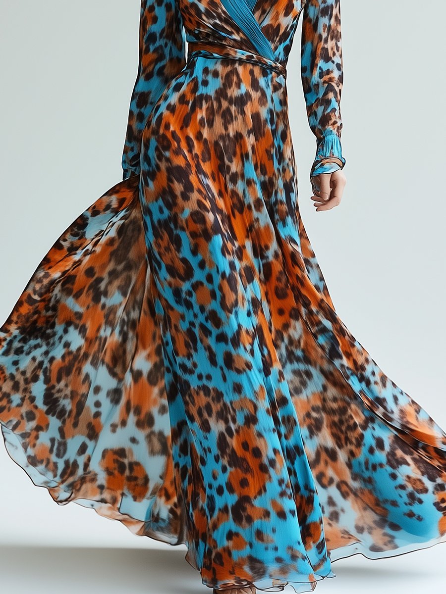 Fashionable High-end V-neck Leopard Print Long-sleeved Maxi Dress