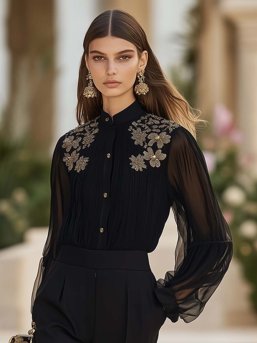 Elegant Half Turtleneck Gold Embroidery Black Pleated Shirt