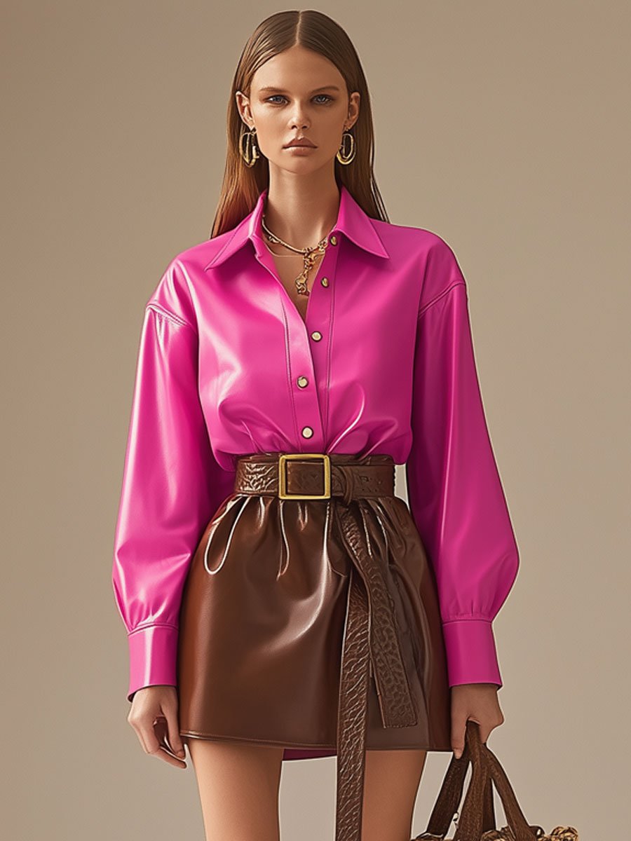 Casual Loose Fashion Hot Pink Shirt Brown Skirt Lace-up Leather Set