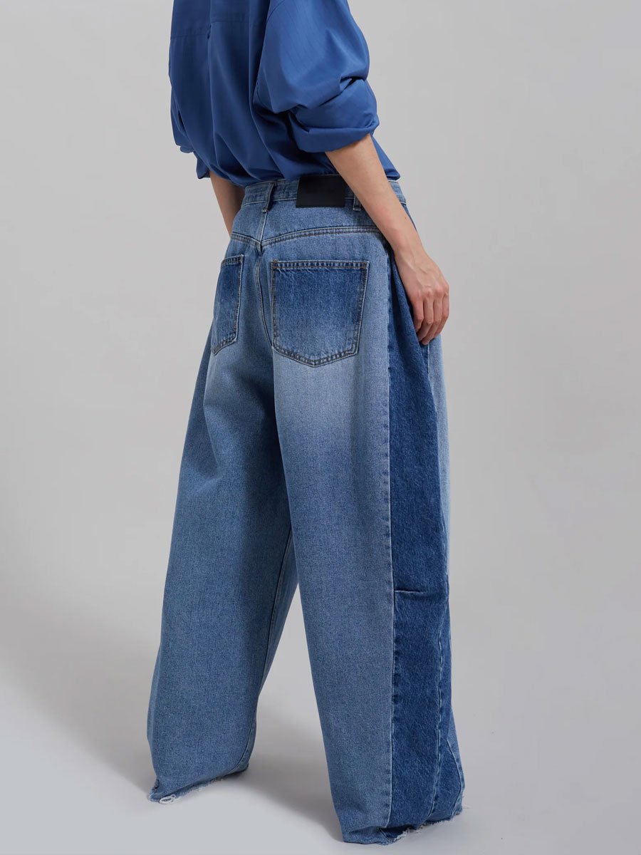 Casual Loose Retro Colorblock Wide-Leg Jeans