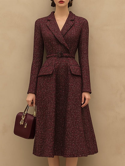 【24-hour shipping】Vintage Elegant Ankola Red Tweed Lapel Dress