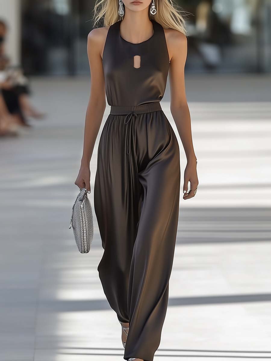 Elegant and Chic Round Neck Sleeveless Chest Cutout Brown Satin Jumpsuit