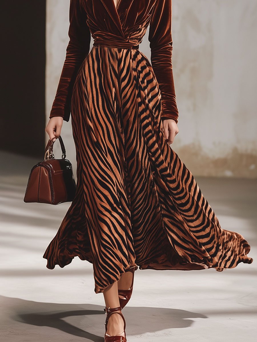 Fashion Retro Velvet Zebra Splicing Lapel Long Sleeve Midi Dress