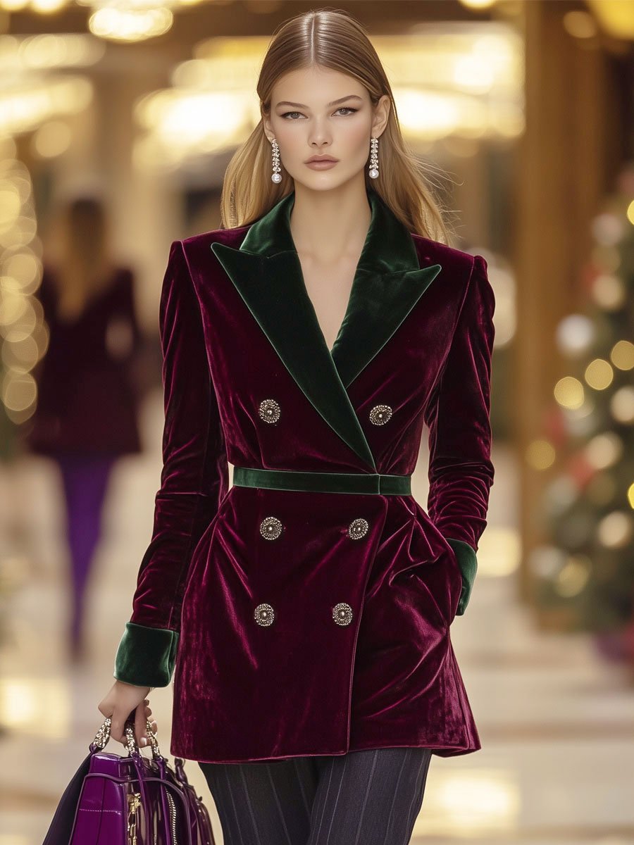 Casual Loose Retro Velvet Burgundy And Green Stitching Suit Lace-Up Coat