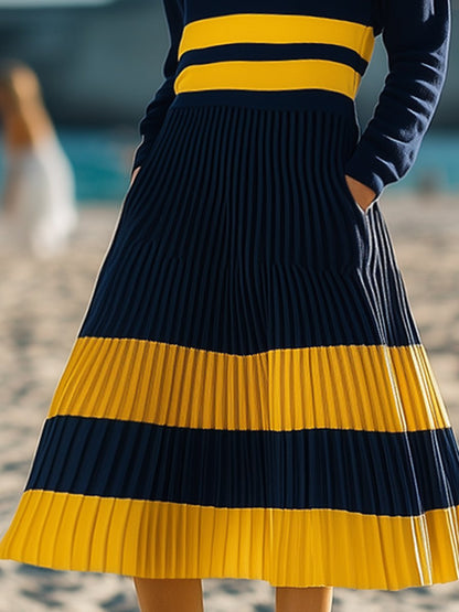 Casual Loose Fashionable Blue And Yellow Striped Polo Midi Dress