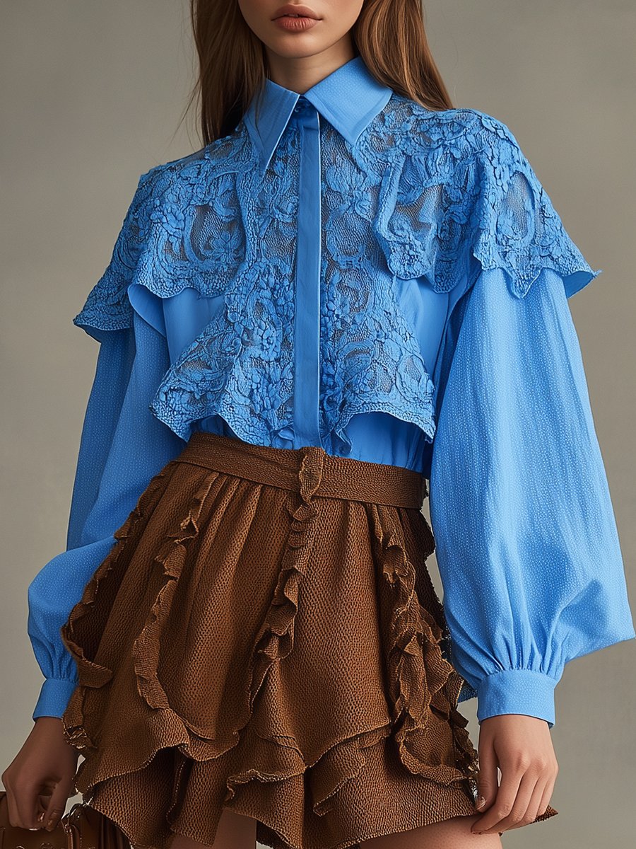 Casual Romantic Blue Lace Cotton Puff Sleeve Shirt