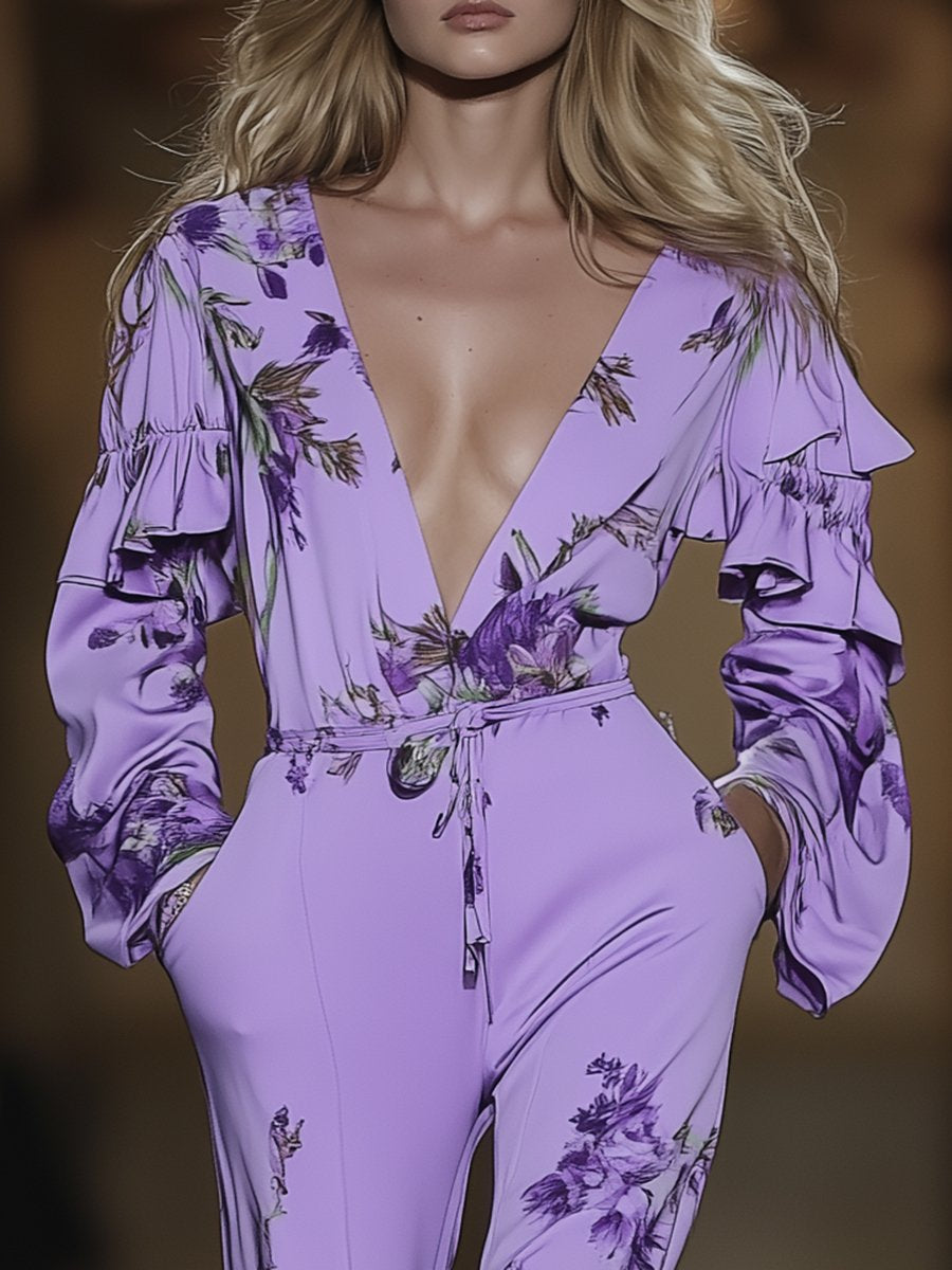 Elegant and Fashionable Purple V-neck Print Wide-leg Long-sleeved Jumpsuit