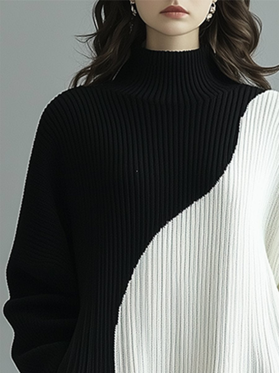 Lazy High-End Black And White Contrast Half-High Collar Pullover Knitted Dress