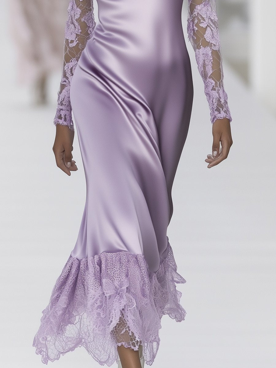 Elegant and Charming V-neck Lavender Lace and Satin Maxi Dress