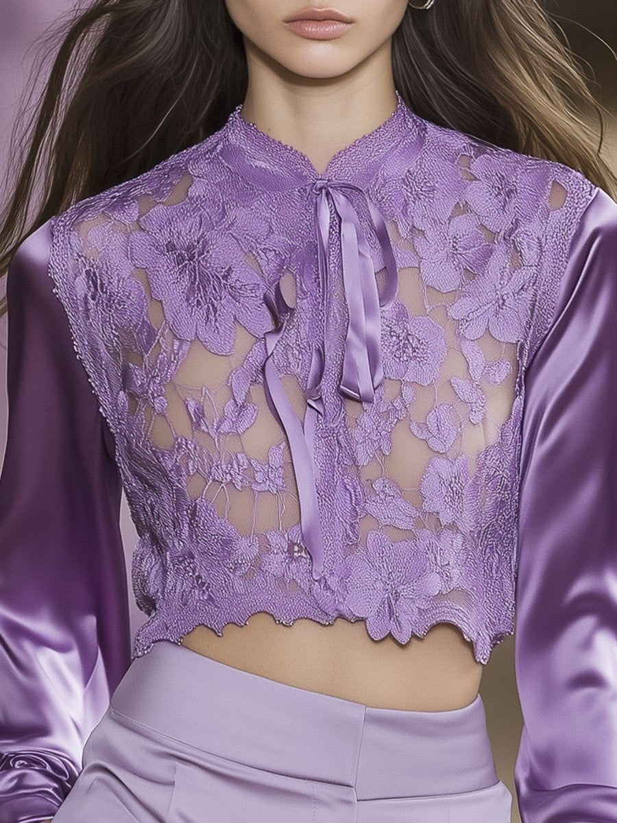 Elegant Purple Lace Splicing Satin Puff Sleeve Top