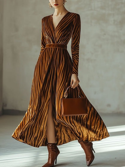 Loose Retro Velvet Zebra Print V-Neck Long Sleeve Slit Maxi Dress