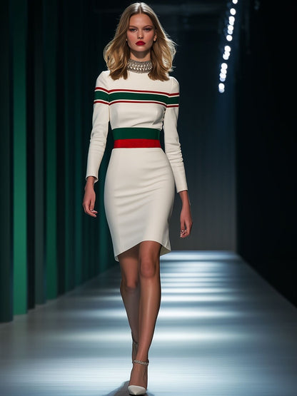 Fashion Round Neck Red and Green Stripe Print Long Sleeve Slim Fit Mini Dress